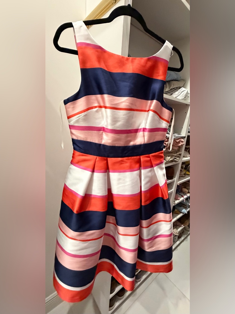 Eliza J Navy, Coral, Pink & White Striped Fit-and-Flare Dress